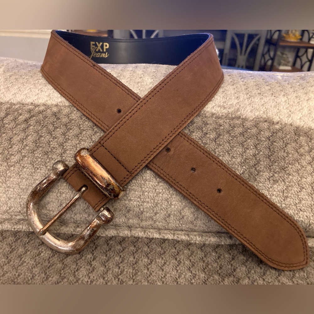 EXP Jeans~Brown Leather Belt  Vintage 80’s Vibe SZ Med Solid LG Buckle